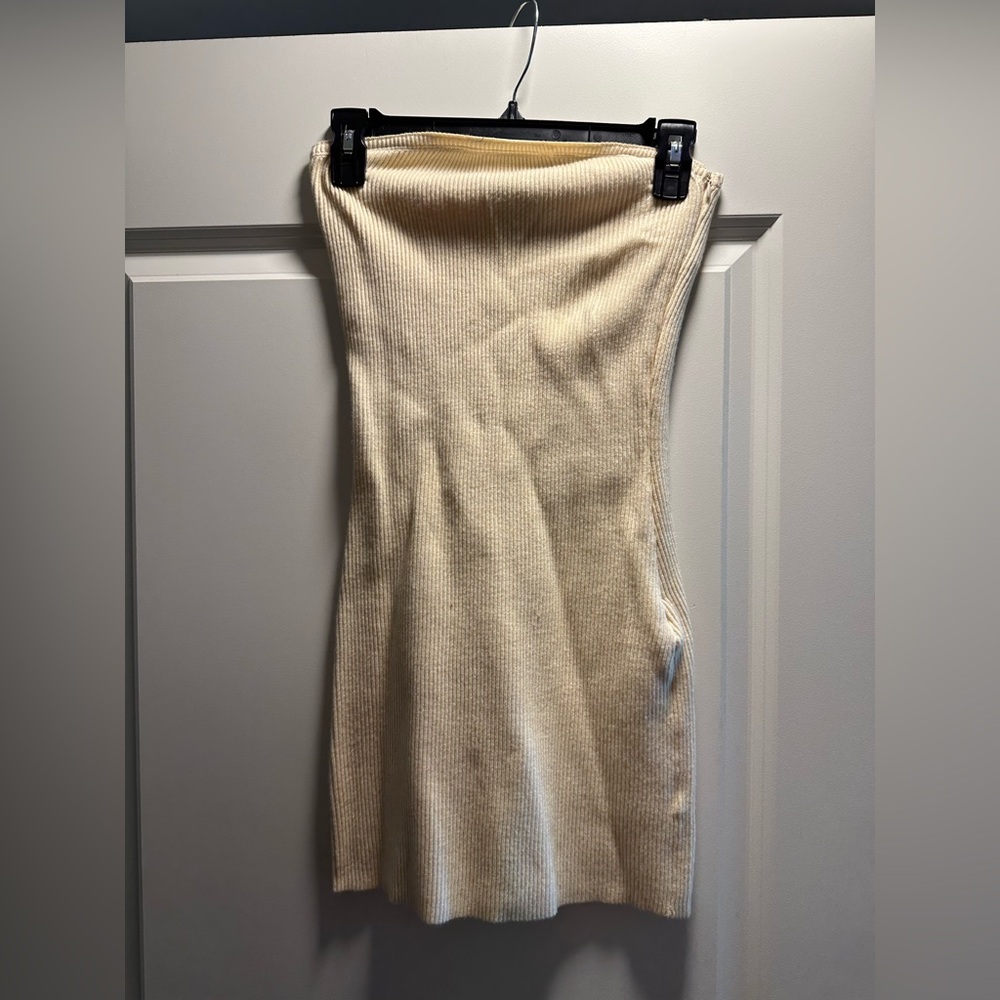 Hanifa Beige Ribbed Strapless Knit Dress